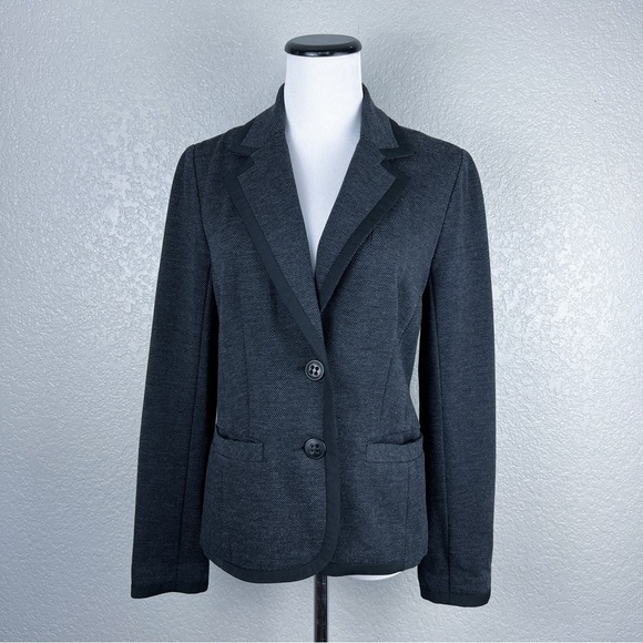 Trina Turk Herringbone Wool Blend Dark Gray Blazer 4 - Black Trim, Stretchy - Picture 7 of 11